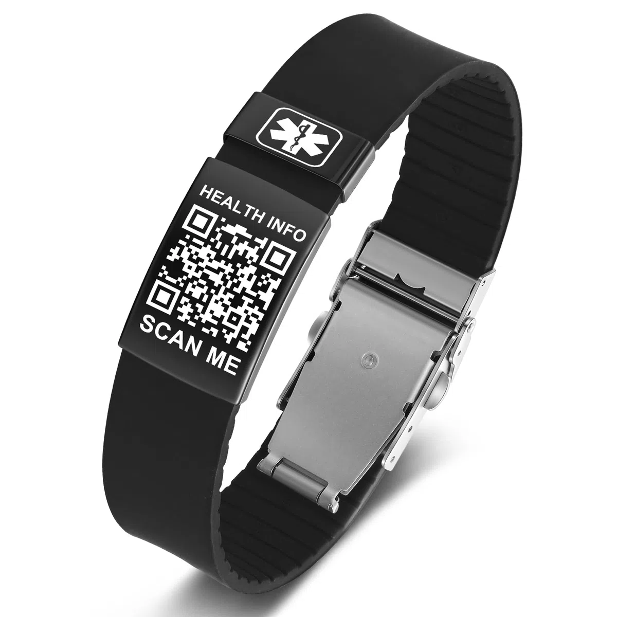 Medizinisches Armband mit QR-Code-Notfall-ID, aus Silikon, wasserdicht, passt bis 22,9 cm Handgelenk, Notfallinfo, mehr Platz, für Sport, Jungen/Mädchen/Damen/Herren
