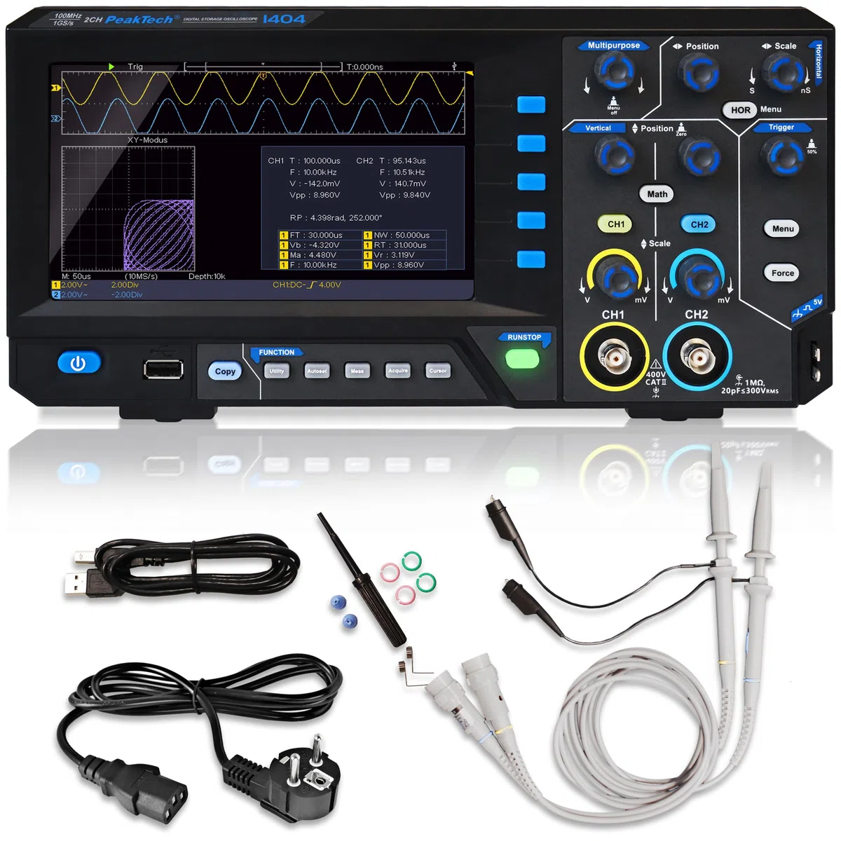 PeakTech P 1404 - Digital Oszilloskop 2 Kanal [3 Jahre Garantie] 100 MHz, 1GS/s, USB Schnittstelle, PC Software, P 1404 Oscilloscope, Schwarz, USB Oszilloskop, Oszilloskop Multimeter