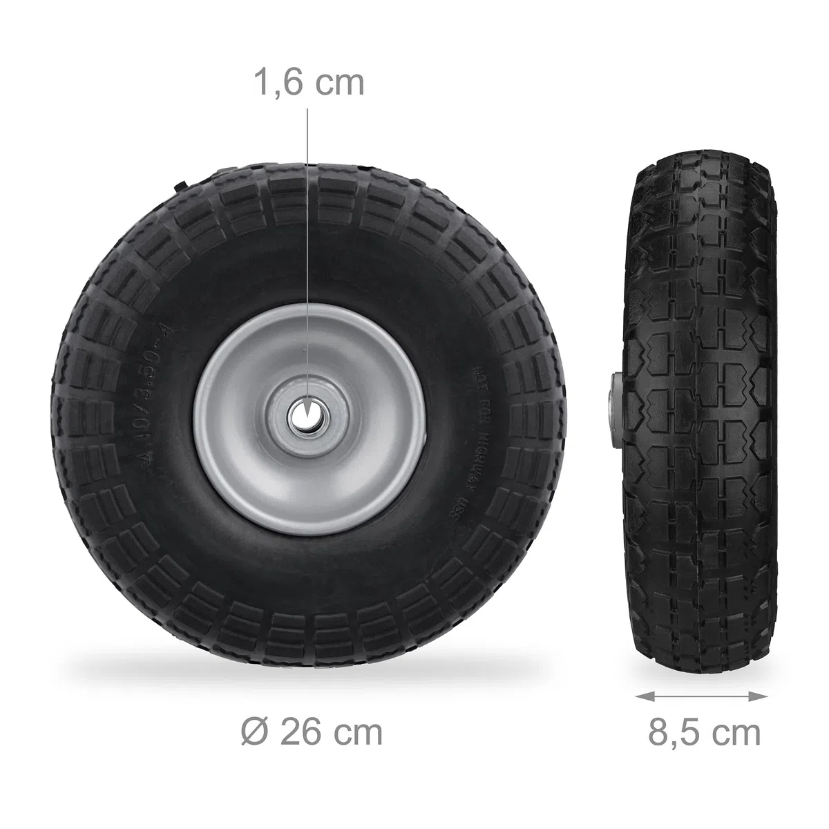 Relaxdays 2X Sackkarrenrad, pannensichere Vollgummireifen, 4.1/3.5-4", 16 mm Achse, bis 150 kg, 260x85 mm, schwarz-grau
