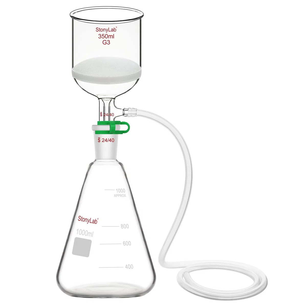 stonylab Buchner Trichter & Flasche Set, 350 ml Trichter aus Glas mit 1L Erlenmeyerkolben und Silikon Schläuche für den Einsatz im Labor