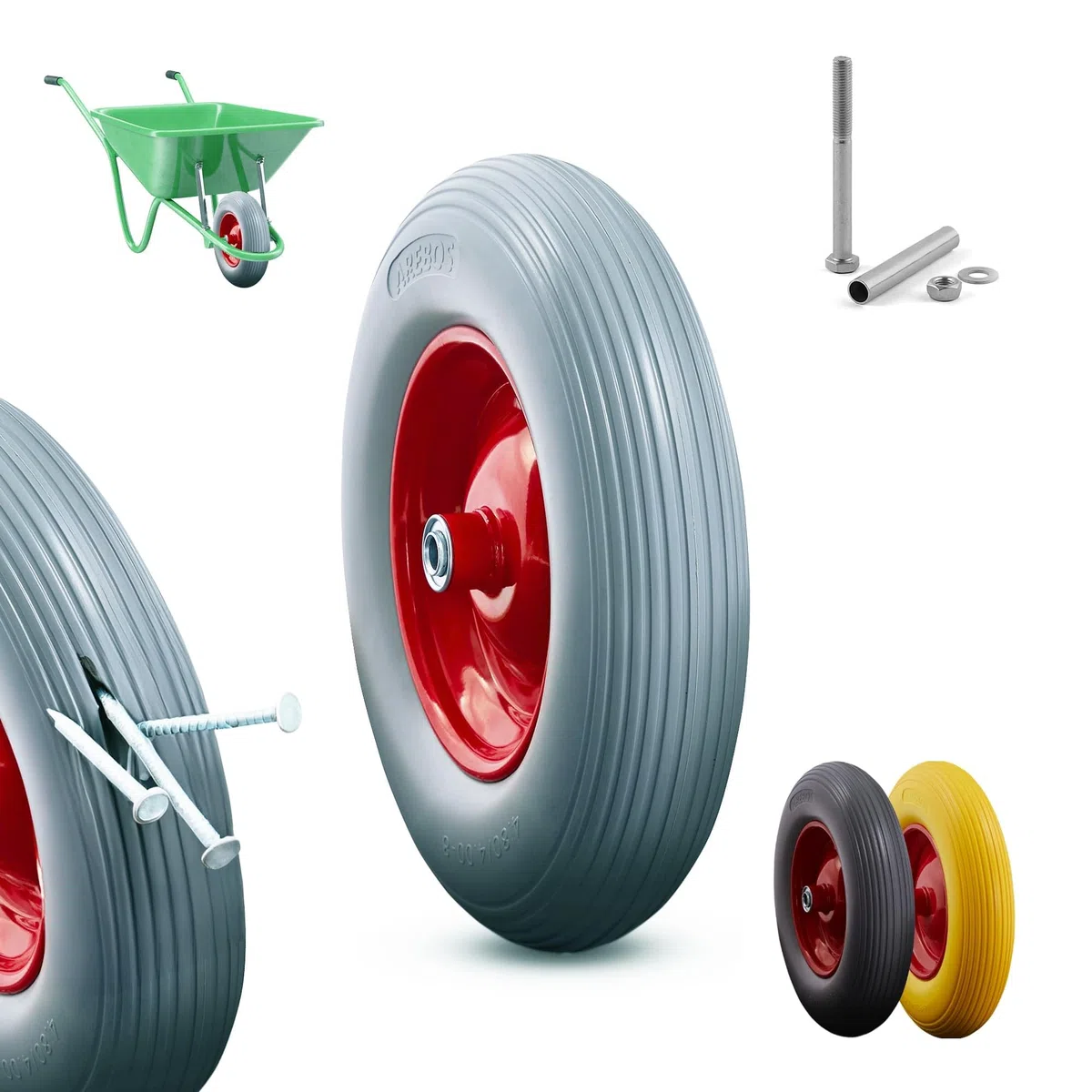 Arebos Schubkarrenrad aus pannensicherem PU Vollgummi Tragkraft 200 kg | Reifen mit Stahlfelge | 4.80/4.00-8 | Ersatzrad Gummirad mit Achse | Schubkarren Rad | Durchmesser 390 mm | Grau
