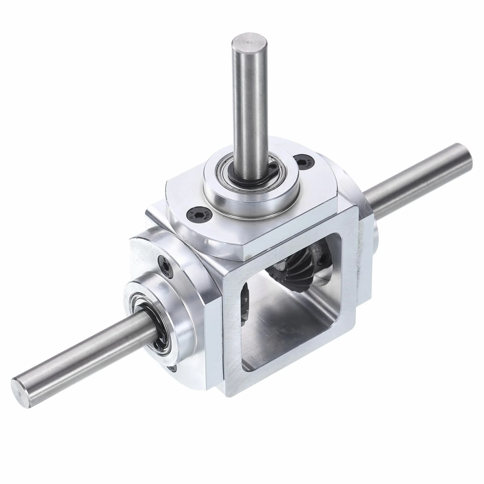 sourcing map Getriebe, 90 Grad rechtwinkliges Kegelgetriebe, 1:1 Rückwärtsgang, Doppelausgangswelle, 1 Modul, 20 Zähne, Kegelradgetriebe, Aluminiumrahmen, einfaches mechanisches DIY-Modul mit 8 mm