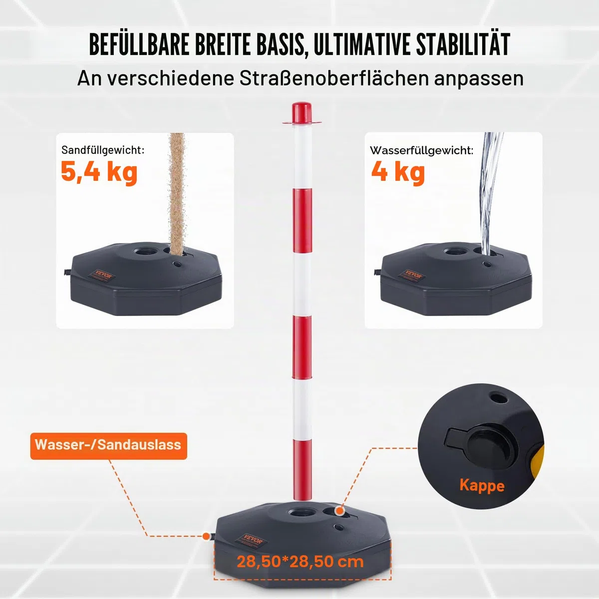 VEVOR Set von 4 Absperrpfosten und 1 Kunststoff-Kette von 10 m Rot und Weiß, Sperrpfosten, Poller Aus PE-Kunststoff für die Verkehrskontrolle oder Warnung an der Auffahrt, Garage, dem Tor usw. Rot