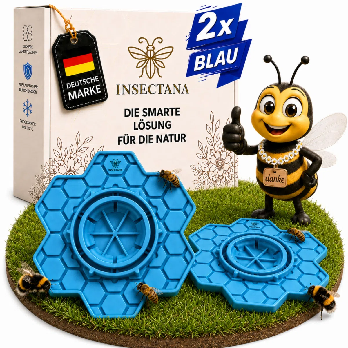 Bienentränke 2er Set Blau – Insektentränke aus BPA-freiem Silikon für Garten & Balkon – Wasserspender für Bienen Hummeln Schmetterlinge – UV-beständig Spülmaschinenfest Imker Zubehör