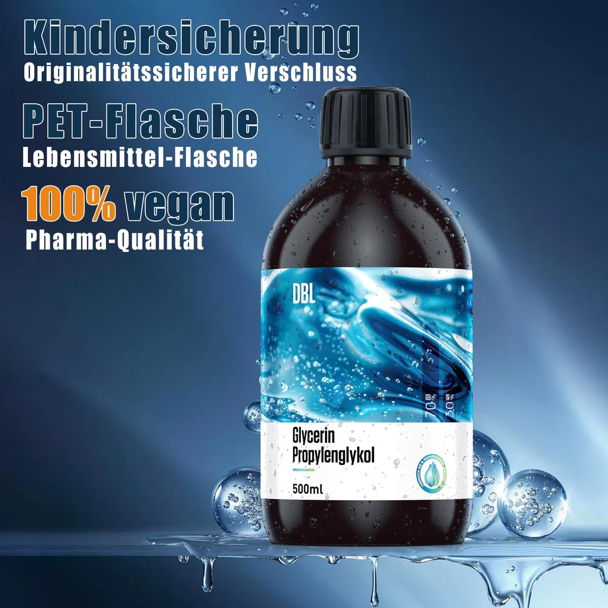 DBL 2x500ml 70% Glycerin E422, 30% Propylenglykol E1520, 70/30 VG/PG, 99,9% | Pharma- & Lebensmittelqualität, Vegan, Farblos, Ideal als Liquid Base für DIY, Seifen, Cremes, Kindersicherer Verschluss