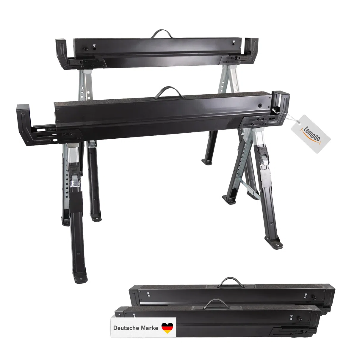 Lemodo Premium Arbeitsbock höhenverstellbar | Klappbock 2er Set | Montagebock mit 590 kg Tragkraft | Unterstellbock mit verstellbaren Halterungen an der Seite