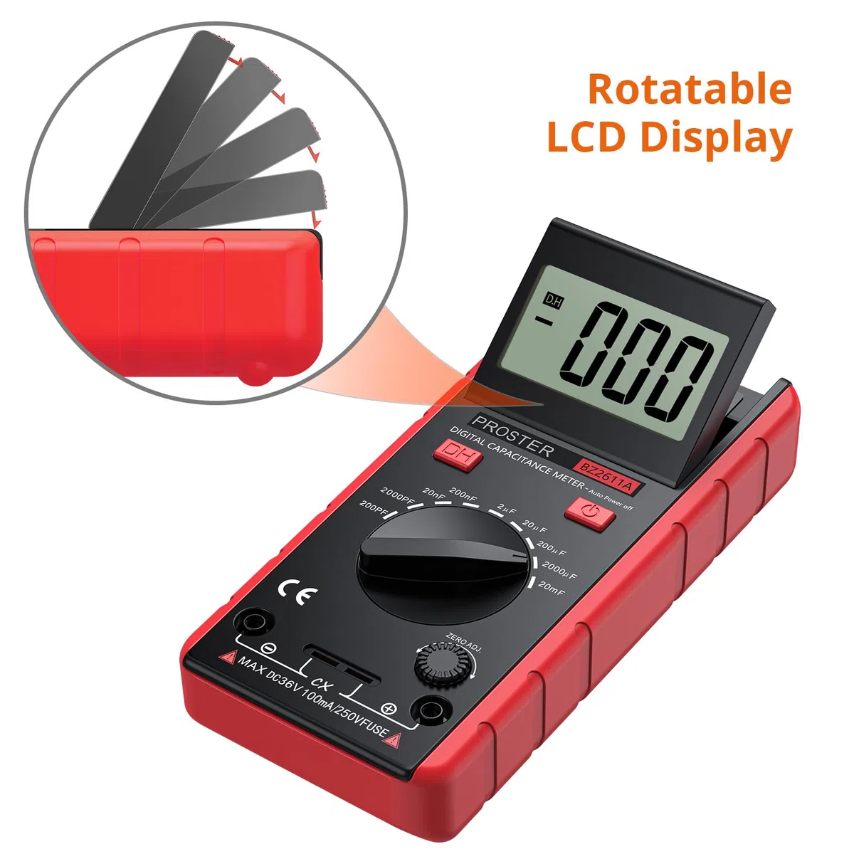 Proster Digitales Kapazitätsmessgerät 200pF-20mF Messgerät Kondensator Handmultimeter Tester für Anfänger mit drehbarer LCD-Anzeige