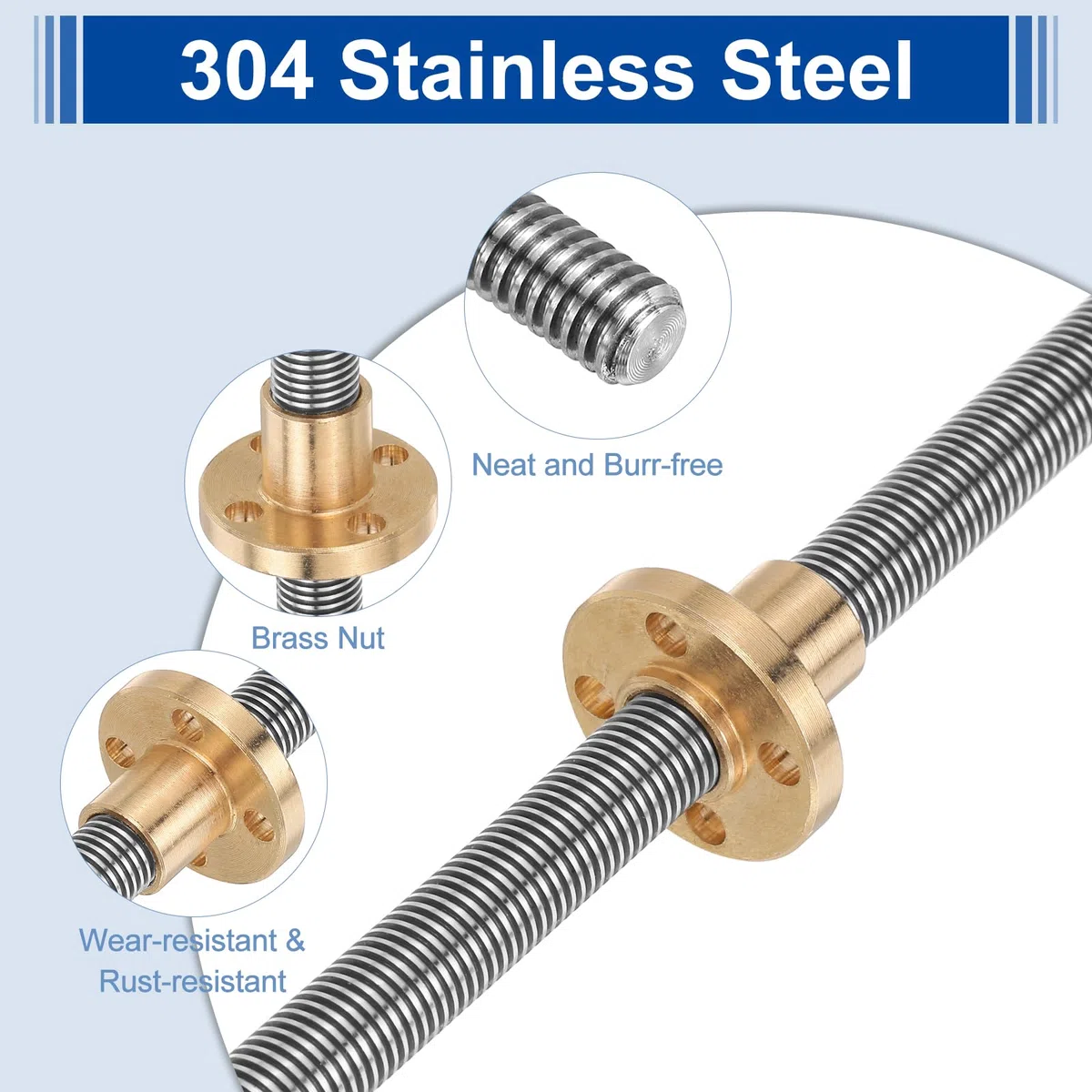 sourcing map 2 Stück 100 mm Tr8X1 Leitschraube mit Messingmuttern (1 mm Teilung, 1 Start, 1 mm Blei), 304 Edelstahl-Schraubleisten-Drucker-Upgrade-Teile mit Kunststoff-Verpackungsrohr, Silber