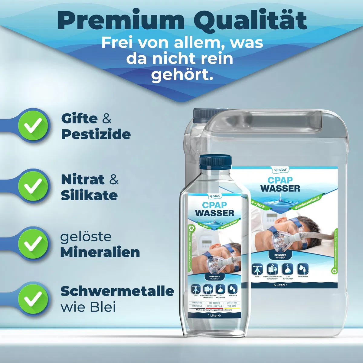 5L Qindoo CPAP Wasser für Luftbefeuchter I Sauerstoff-Geräte, Inhalator, bi destilliertes Wasser für medizinische Zwecke CPAP (5 Liter)