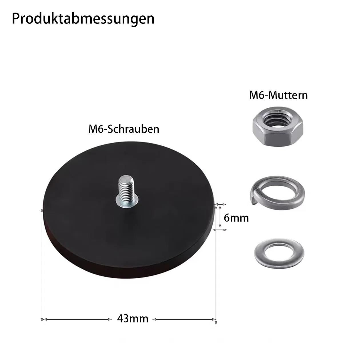 6 Stück Magnet mit Gewinde Neodym Magnete Gummiert 43mm Extra Stark mit M6 Außengewinde 15kg Haftkraft Starke Magneten Anti-Rutsch Magnetischer Montagesockel