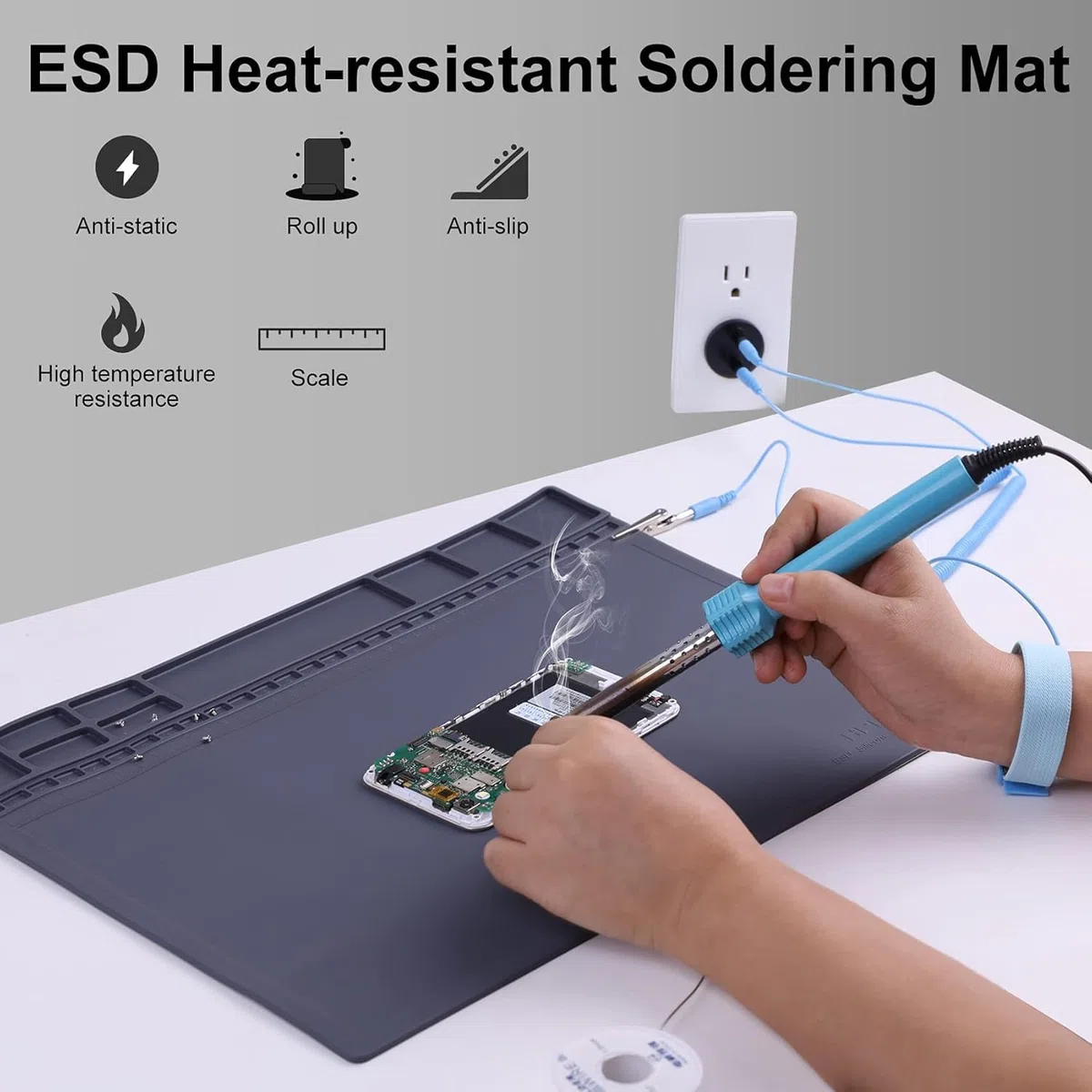 HPFIX Anti-Statik-Matte für Elektronik, Premium hitzebeständige ESD sichere Lötmatte mit ESD-Armband und Erdungskabel für Computer, Laptop, Handy und iPad Reparaturen