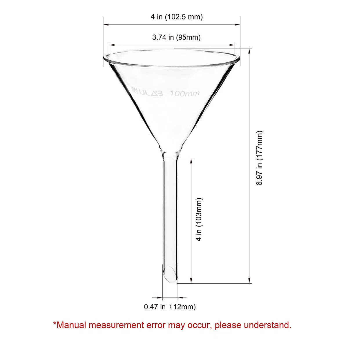ULAB Scientific 100mm Glastrichter, kurzer Stieldurchmesser 13mm, 3.3 Borosilikatglas, dickwandig, 2er-Pack, UGF1010