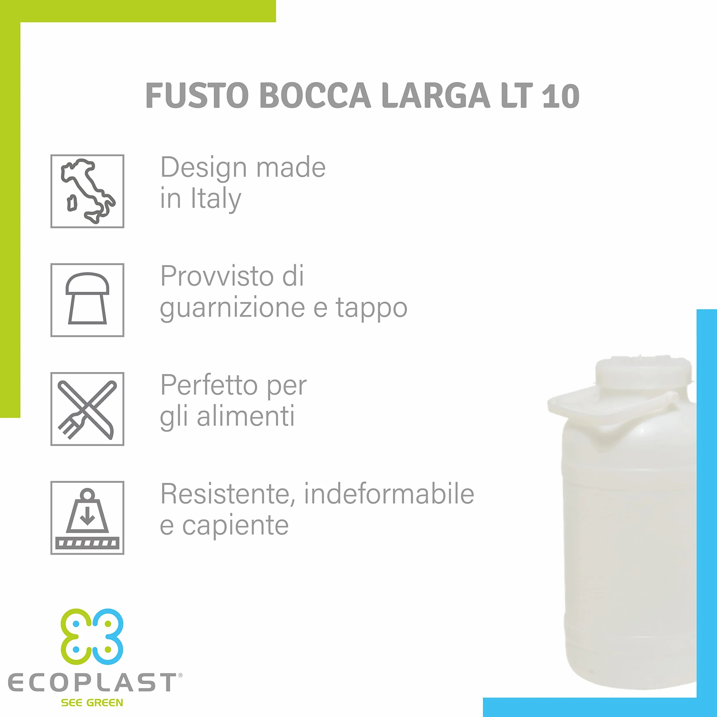 Ecoplast Kunststofffass mit großer Öffnung mit Dichtung und Deckel, Fassungsvermögen 10 l, neutral
