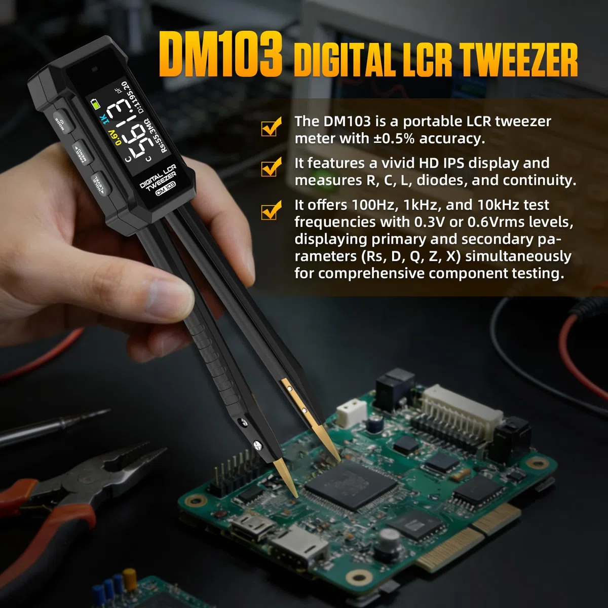 LCR-Messgeräte, Mini-SMD-Tester mit ESR-Messfunktion, digitales Multimeter mit Pinzette für SMD Bauteile/Widerstände/Kondensatoren/Induktivitäten/Spannungen/Frequenzen/Dioden, automatische Bauteilerke