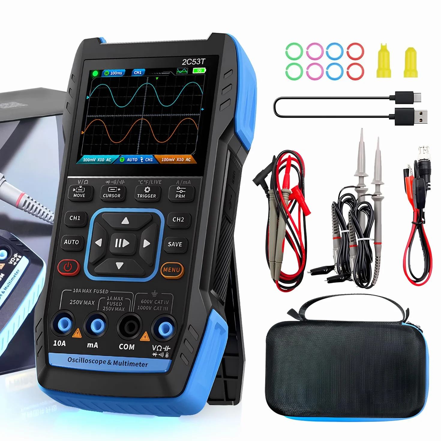 Handheld Oszilloskop 3in1 Upgrade Digital Oszilloskop, Multimeter, DDS Generator mit Doppelkanal, 250MS/s Abtastrate, 50MHz Bandbreite, 19999 Zählungen, Spannung, Strom, Kondensator, Widerstand, Diode