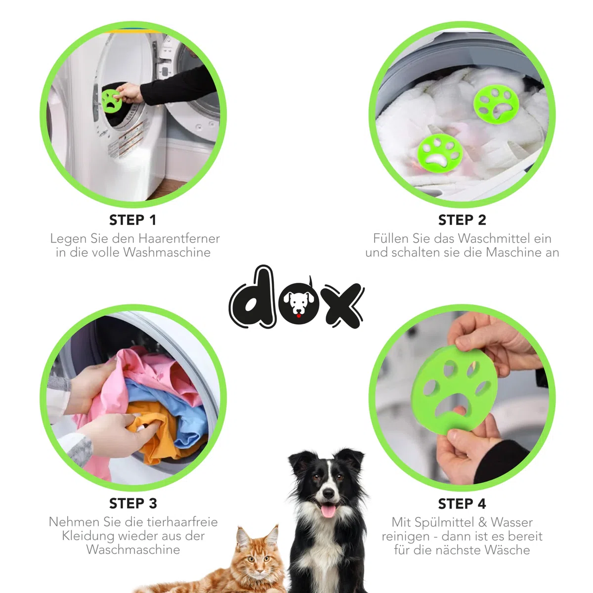 DDOXX Tierhaarentferner für Waschmaschine (Packung mit 2) - Grün - entfernt Fell in Trockner und Waschmaschine, Katzenhaarentferner und Hundehaarentferner für Flusensiebe, umweltfreundlich