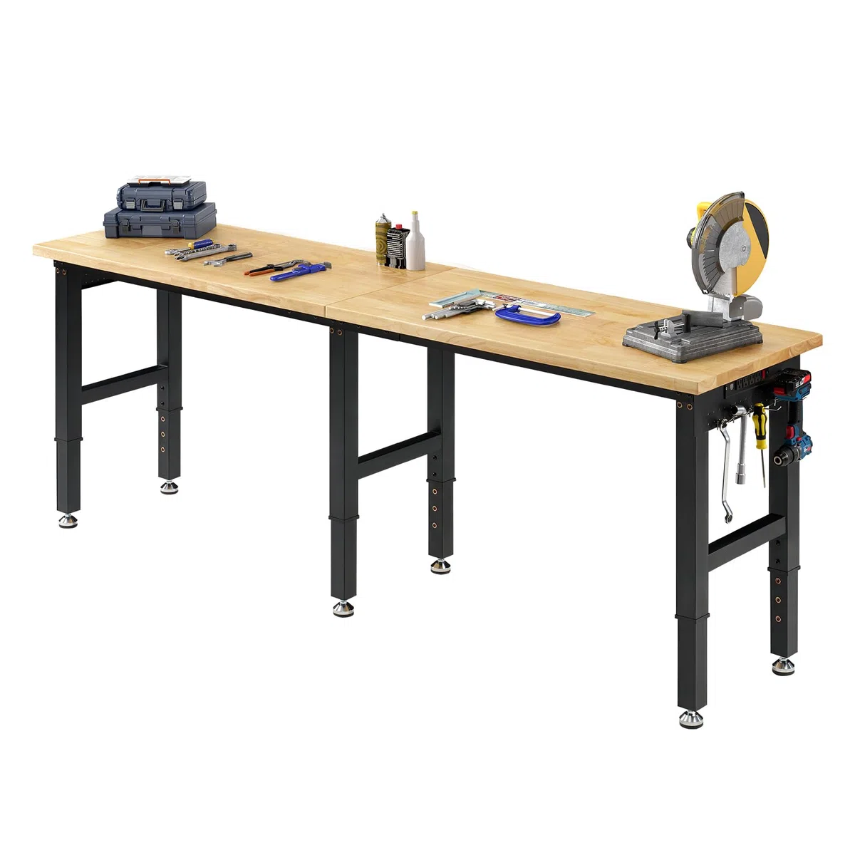 LUXOAK 183x61 cm höhenverstellbarer Werkbank mit Steckdosen, 2722 kg belastbare Holzwerkbank mit Haken, massiver Gummiholz-Arbeitsplatte für Garage, Werkstatt, Holzbearbeitung und Home-Office