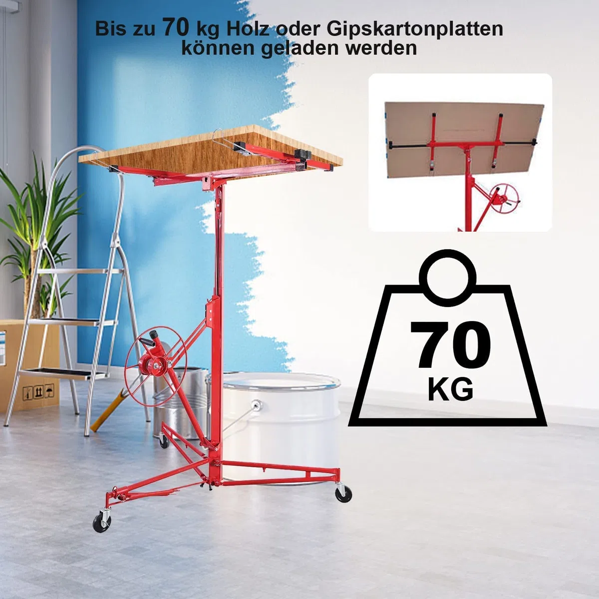 Plattenheber klappbar XXL 140-350cm Arbeitshöhe höhenverstellbar für Rigipsplatten 68 kg Traglast, max 290cm Lastarmbreite