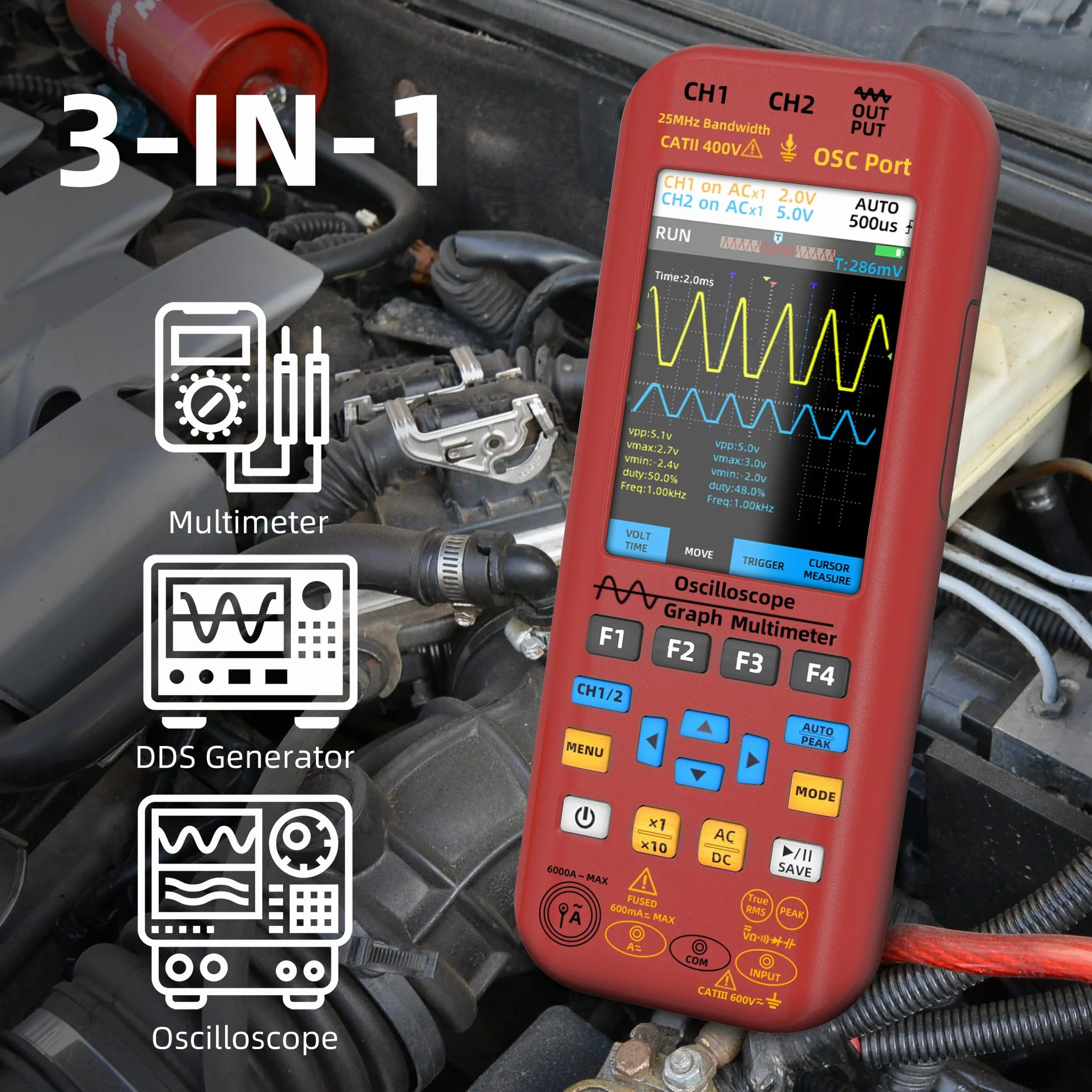 BSIDE O9 Handheld Digital Oszilloskop 2 Kanal 50MHz 250MSa/s 5000mAh Multimeter TRMS 20000 Zähler 3.98" Großem Farbdisplay 7 Wellenform Signalgenerator Unterstützung Rogowski Spule AC Strom 2000A