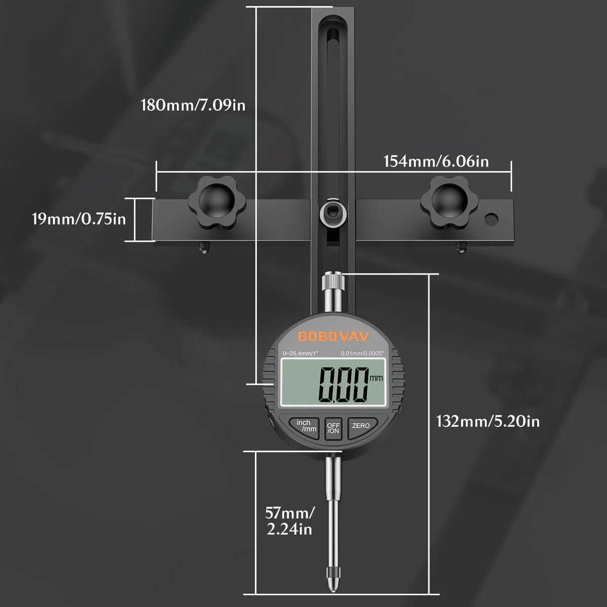 Digital Messuhr für 19mm Tischsäge, 0,01 mm Messwerkzeug mit LCD-Display Metrisch/Zoll, 18cm langer Alu-Schienen, Einstellung von Sägeblatt und Parallelanschlag zum Ausrichten & Kalibrieren