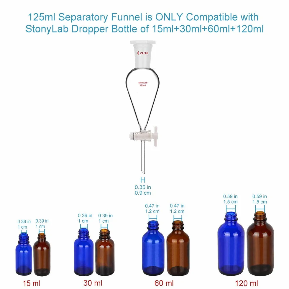 stonylab Scheidetrichter Glas, Borosilikatglas 125 ml Scheidetrichter Heavy Wall Conical Separatory Funnel Trichter mit Glas Absperrhahn 19/26 Gelenk und PTFE-Absperrhahn, 125 ml