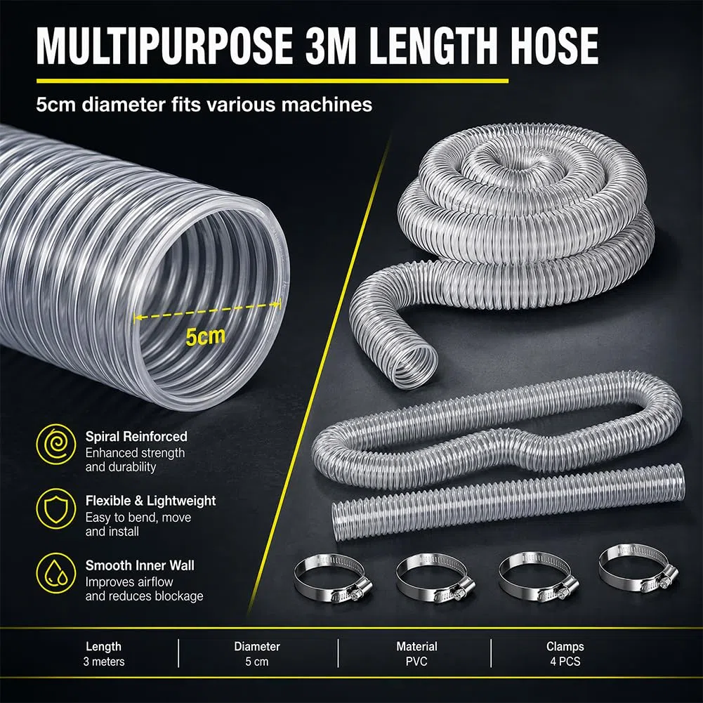 50mm Transparenter PVC Absaugschlauch 3m, Staubsaugerschlauch Universal Spiralschlauch Staubsammelschlauch Flexibel für Werkstatt Staubsauger, Teichpumpe, Absauganlage, Luft & Wasser Transport