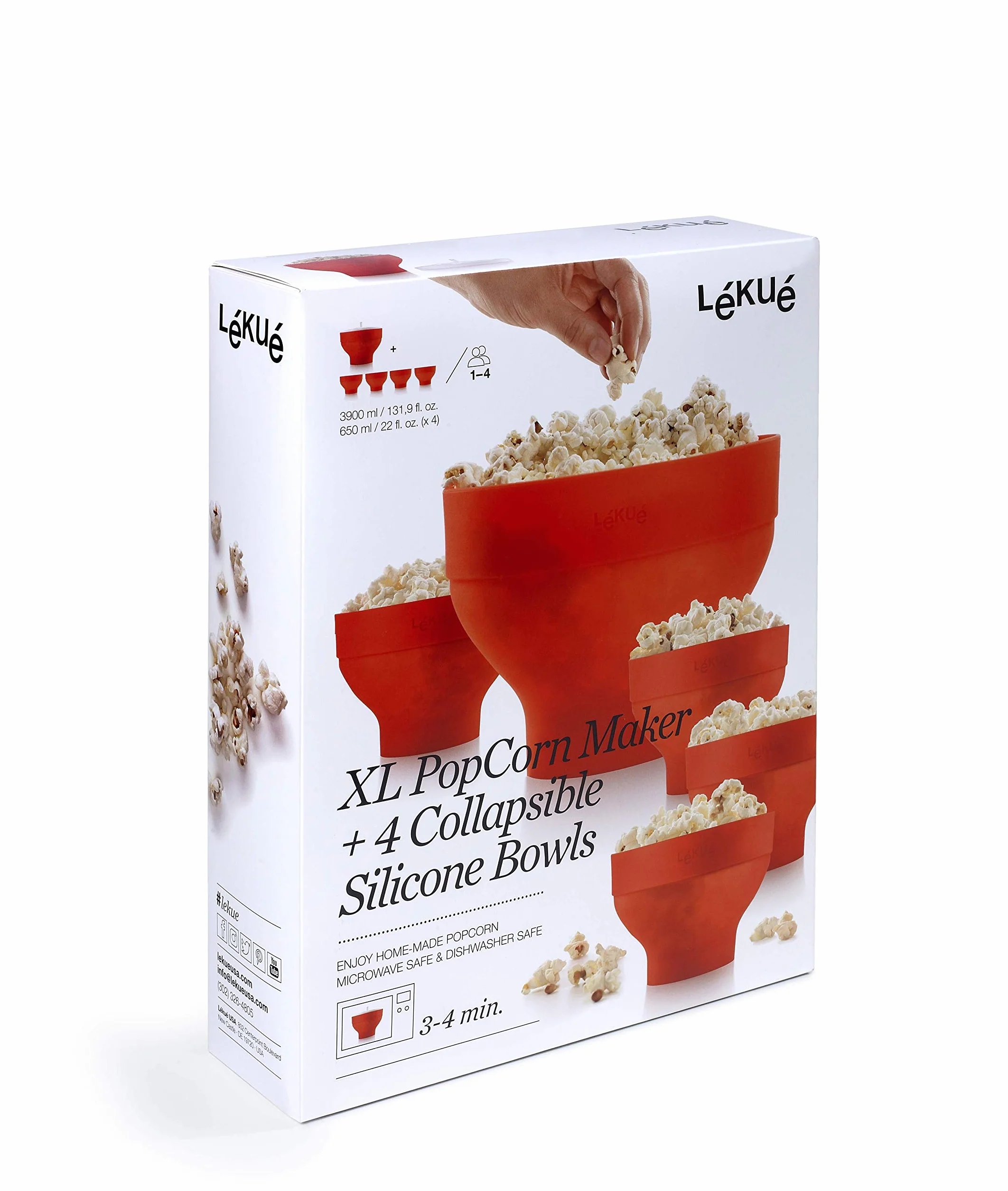 Lékué Popcorn XL + 4 Minischälchen, Ø 21 cm, Rot