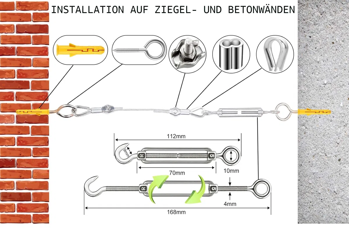 50M Stahlseil 2mm ,304 Edelstahlseil 2mm ,Drahtseil 2mm,M2 Drahtseilklemme mit M5 Drahtseil Spanner für rankhilfe edelstahl seilsystem,spannseil edelstahl für außen