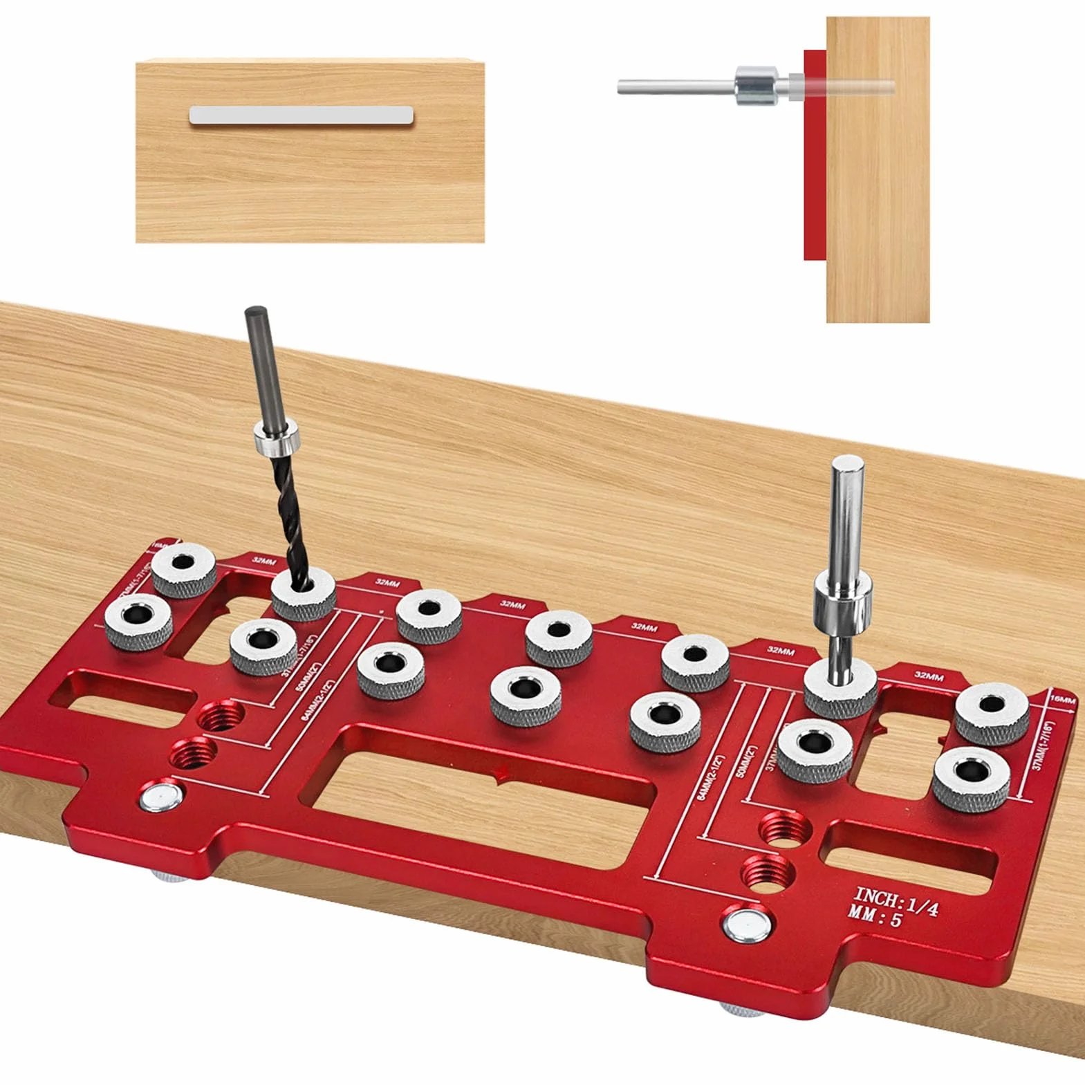 Rengue Verdeckte Schrankscharnierlehre, 32 Mm Abstand Aluminium-Schranktürscharniergriff-Lochbohrlehre mit 5 Mm/1/4 Zoll Bohrhülsen für Holzbearbeitungswerkzeuge
