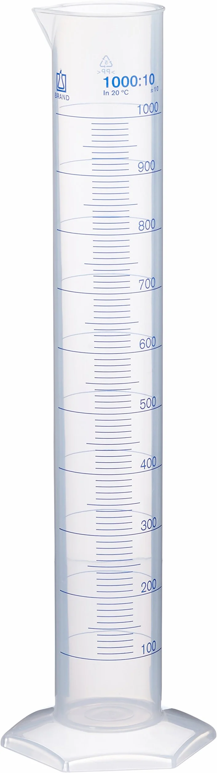 Brand Polypropylen Messzylinder, Hohe Form, Sechskantfuß, Transparent, 440mm Höhe, 1000mL Kapazität