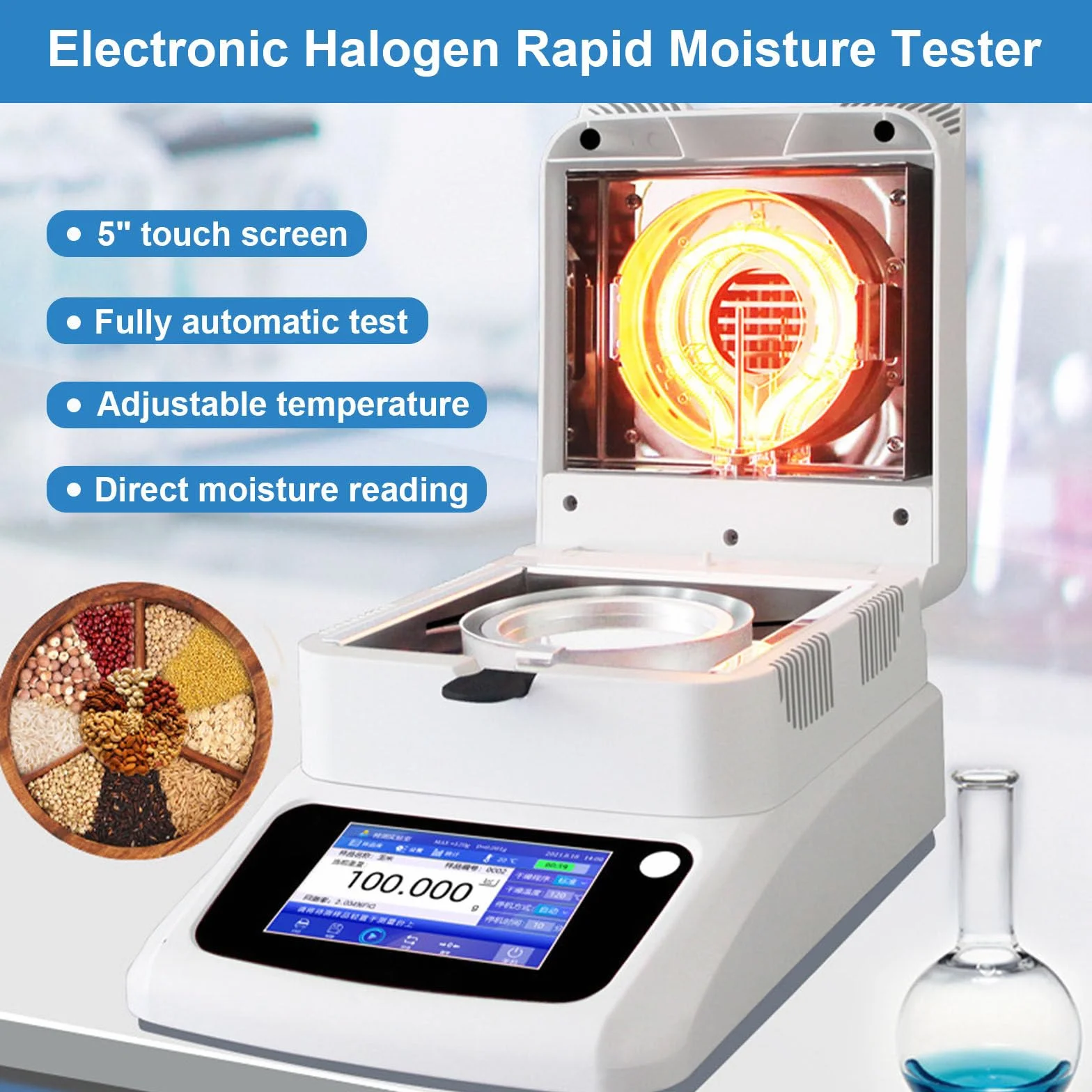 Halogen-Feuchtemessgerät, Feuchtemessgenauigkeit 0,01%, 120g Fassungsvermögen, Touchscreen, Labor-Feuchtemessgerät Für Landwirtschaftliche Tests, Mit RS232-Schnittstelle B-1202