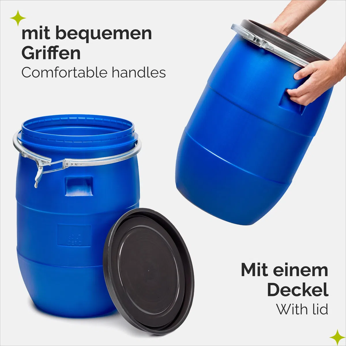 Garronda Set 2X 60 Liter Deckelfass Weithalsfass aus HDPE Regenfass für Garten Fass 60l Wassertonne Futtertonne Wasserbehälter Universalfass Wasserfass Lebensmittelfass Wassertank GD-0122, Blau