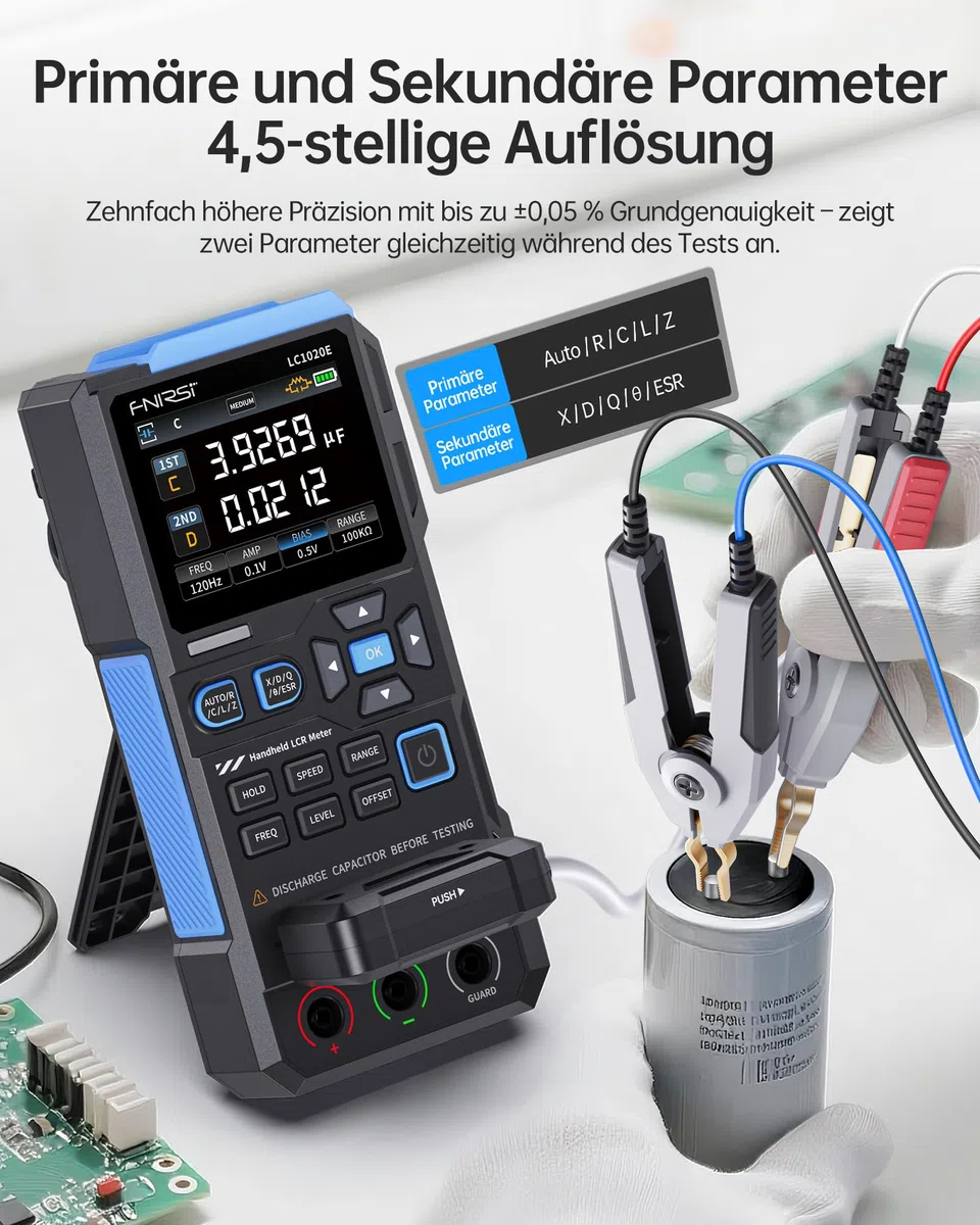 FNIRSI LC1020E 100kHz LCR-Meter, 19999 Counts Widerstands-Induktivitäts-Kondensatortester, Auto Bauteilerkennung, Misst ESR/Q/D/θ/X, Doppelparameteranzeige, Sortierung & offen/Kurzschlusskalibrierung