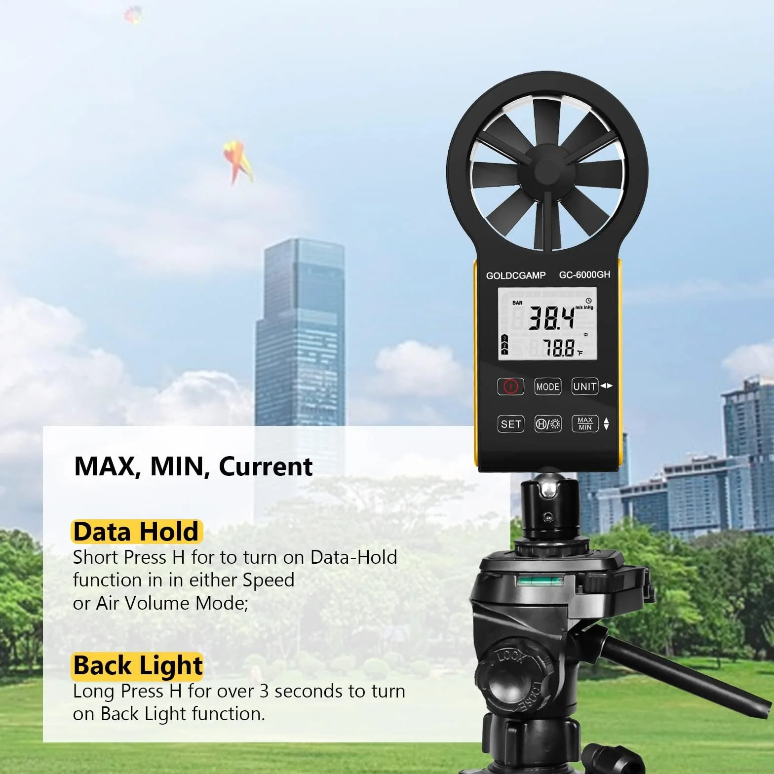 Digitales Anemometer, CFM Wiederaufladbar & Wasserdichtes Anemometer Misst Windgeschwindigkeit(0.3~30m/s), Luftvolumen(0-999900 ft3/min) Touchscreen, Hintergrundbeleuchtung Display für HVAC, Schießen
