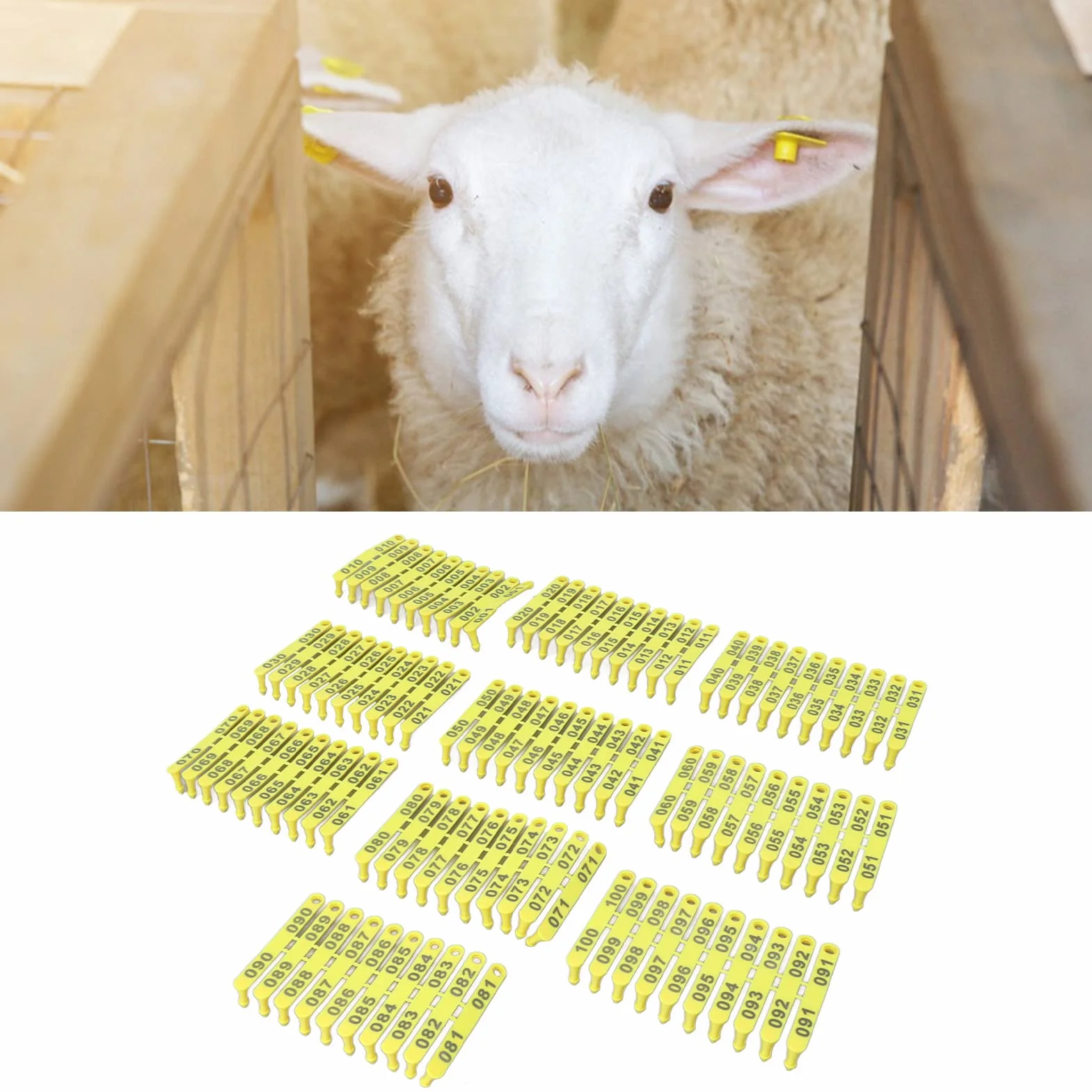 GLOGLOW 100 Stück Vieh-Ohrmarken, 001-100 Nummern-Tiermarken, Nutztiermarken, ID-Marken, Faltbare Ohrmarken für Lamm, Ziege, Schaf