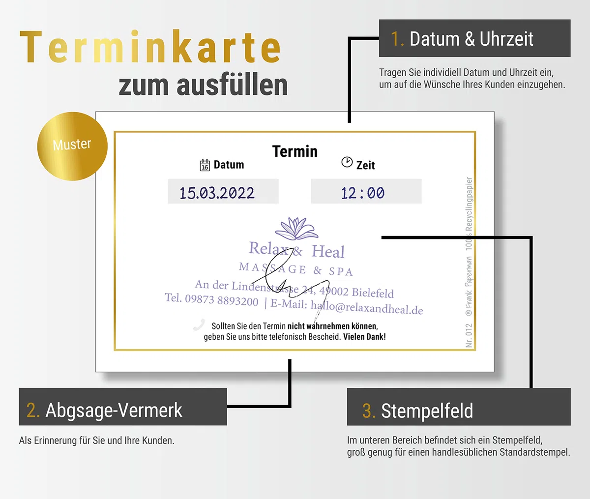 200x Terminzettel gold | mit hochwertiger Goldfolienprägung | 1 Termin auf einem Terminzettel praxis | Visitenkartenformat | Querformat