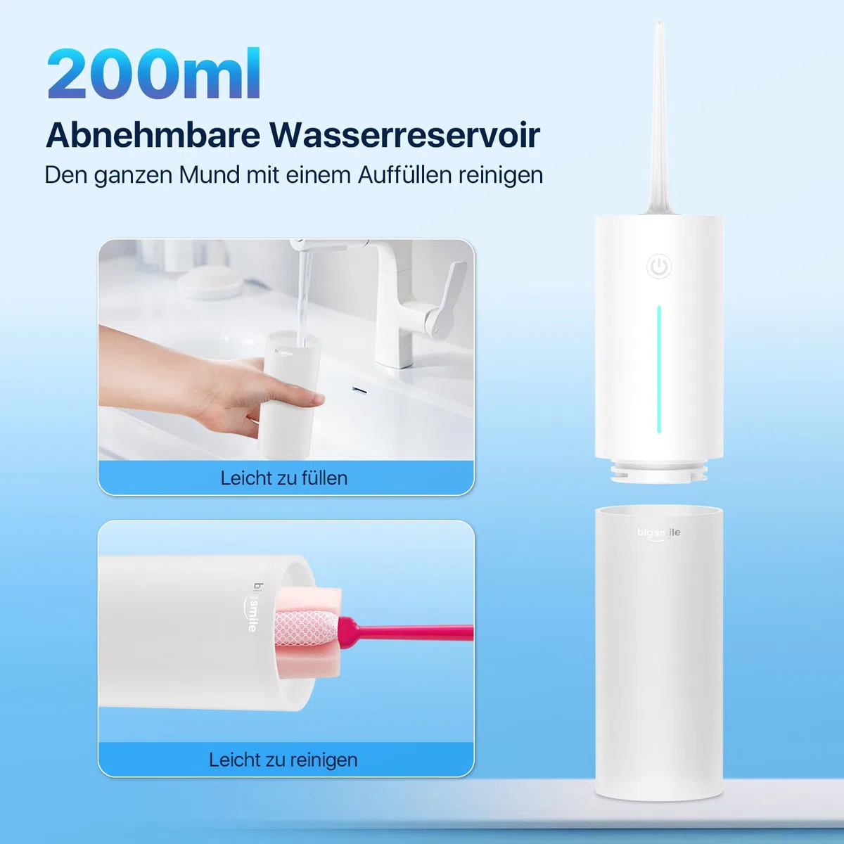 Bigsmile Wasserzahnseide, Zahnbürste Mundspülger mit 200 ml Fassungsvermögen, wiederaufladbar, Reisemundspülger, IPX7 wasserdicht, Effektiv den Mund sauber und gesund halten (weiß)