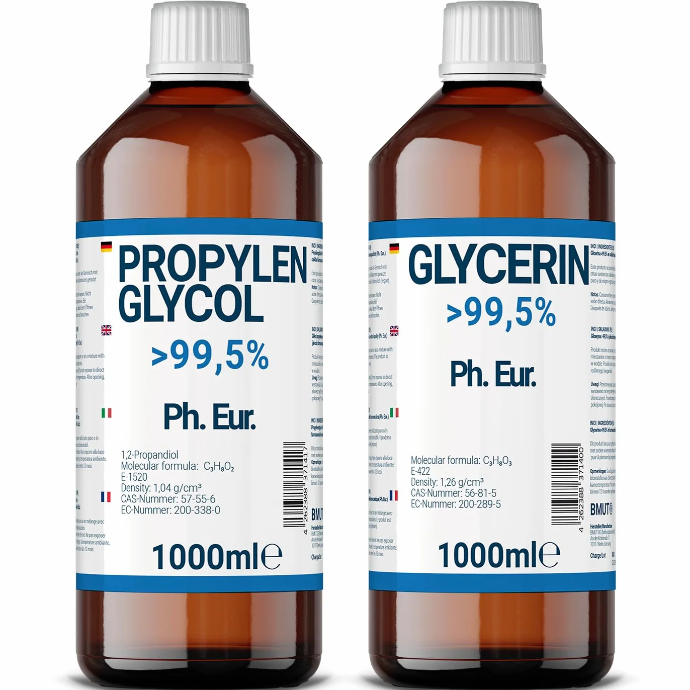 1000ml Glycerin + 1000ml Propylenglycol in Pharmaqualität | >99,5% | Rein | E422 + E1520 DIY