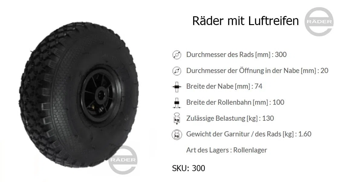 Zabi Luftrad Luftreifenräder 4.00-4 Räder mit Luftreifen 4.00-4 Transportrollen