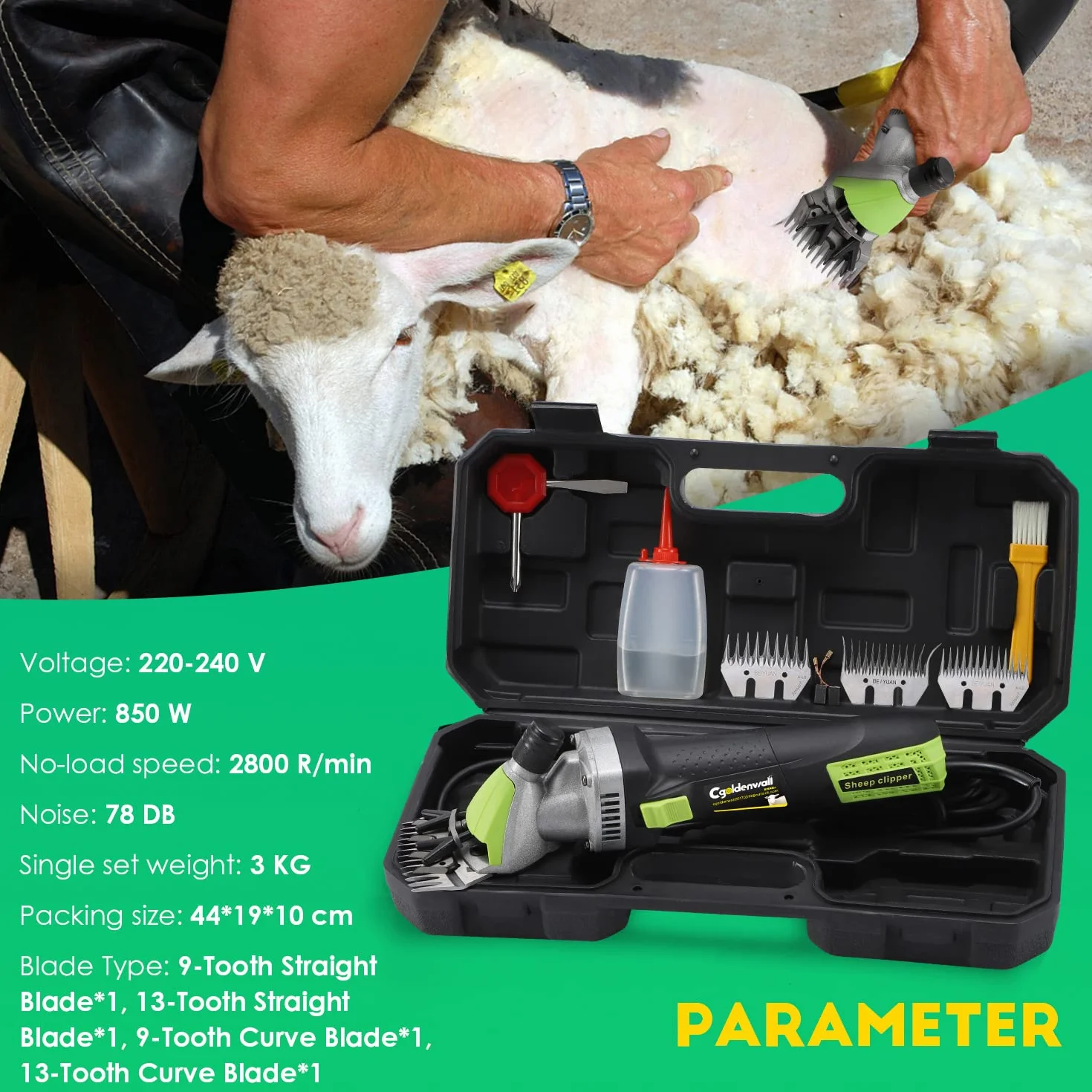 CGOLDENWALL Elektrische Schafschere 850W Ziegenschere Clipper Trimmer Wolle Scher Schaf Ziegen Clipper Tierhaar Schermaschine Trimmer Werkzeug mit 9 Gerade+9 Gebogene+13 Gerade+13 Gebogene Zähne