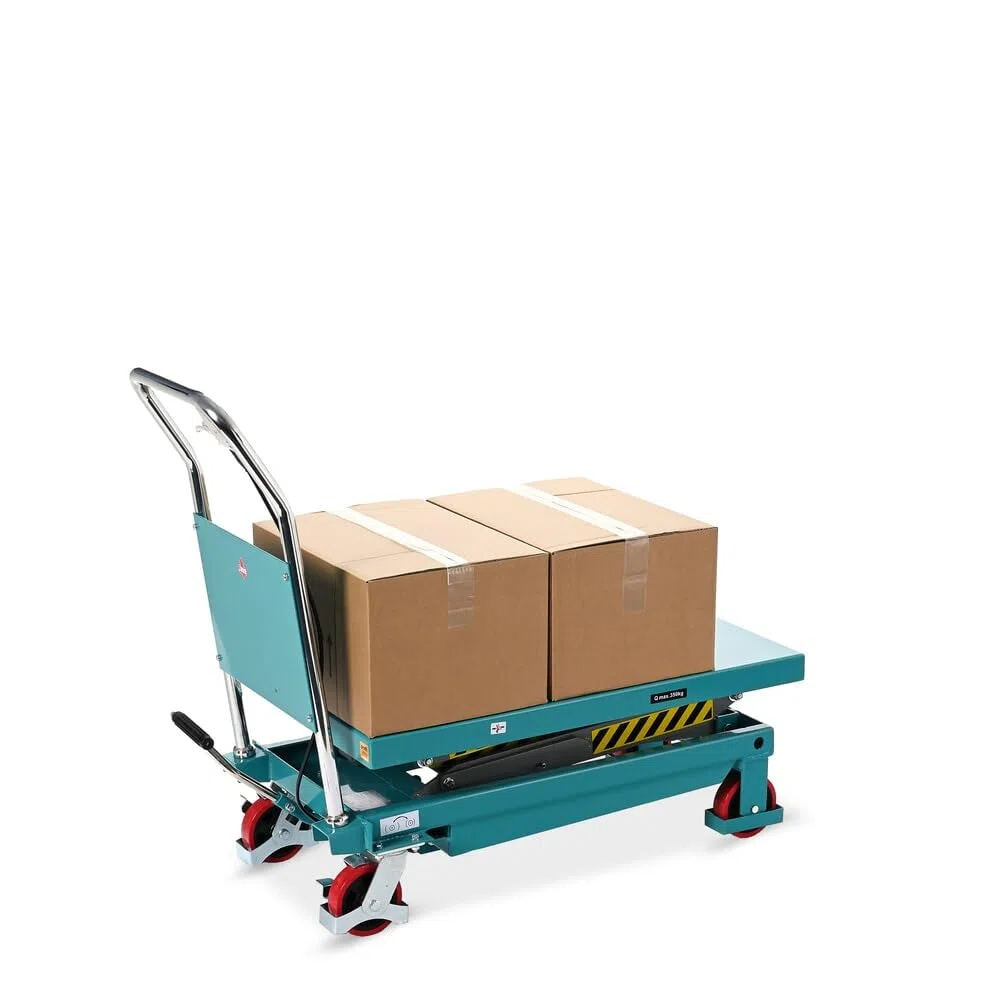 Ameise Scheren-Hubtischwagen LTT | 450-1.500 mm Hubbereich | 700 kg Tragkraft | 1.220x610 mm Plattform | Fahrbarer Hubtisch mit festem Bügel | Fußbetriebene Hydraulikpumpe | Stahl | Türkisblau