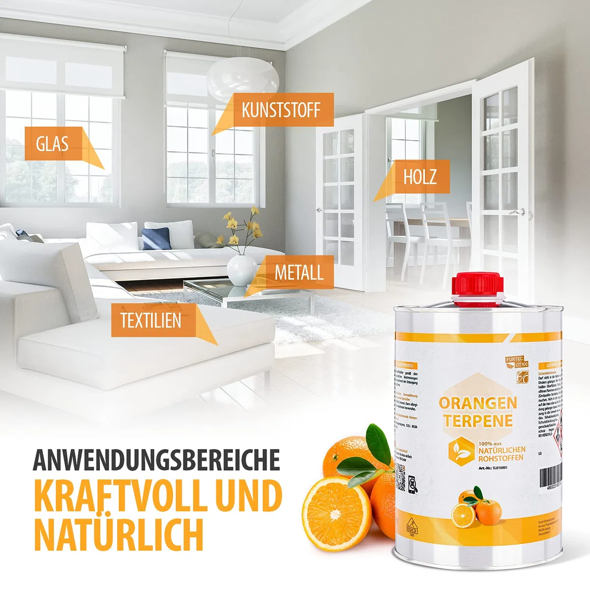 Orangenterpene (100%), 1 L | Klebereste Entferner, Etikettenlöser, Orangenreiniger Konzentrat, Terpentinersatz