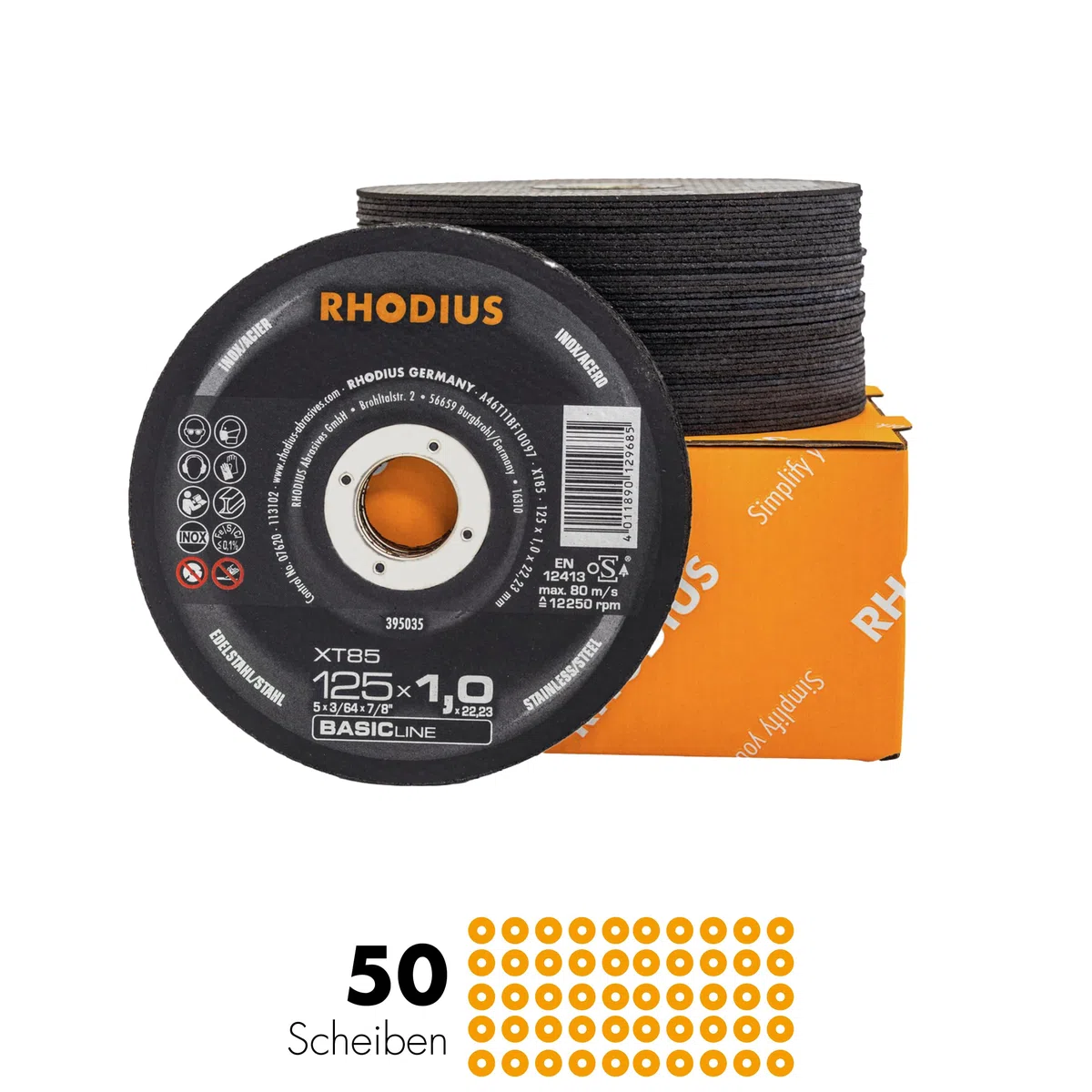 RHODIUS XT85 | 50 St. Trennscheiben 125 Metall 1 mm | für Winkelschleifer, extra dünn | für Edelstahl, INOX, Stahl, Hartmetall