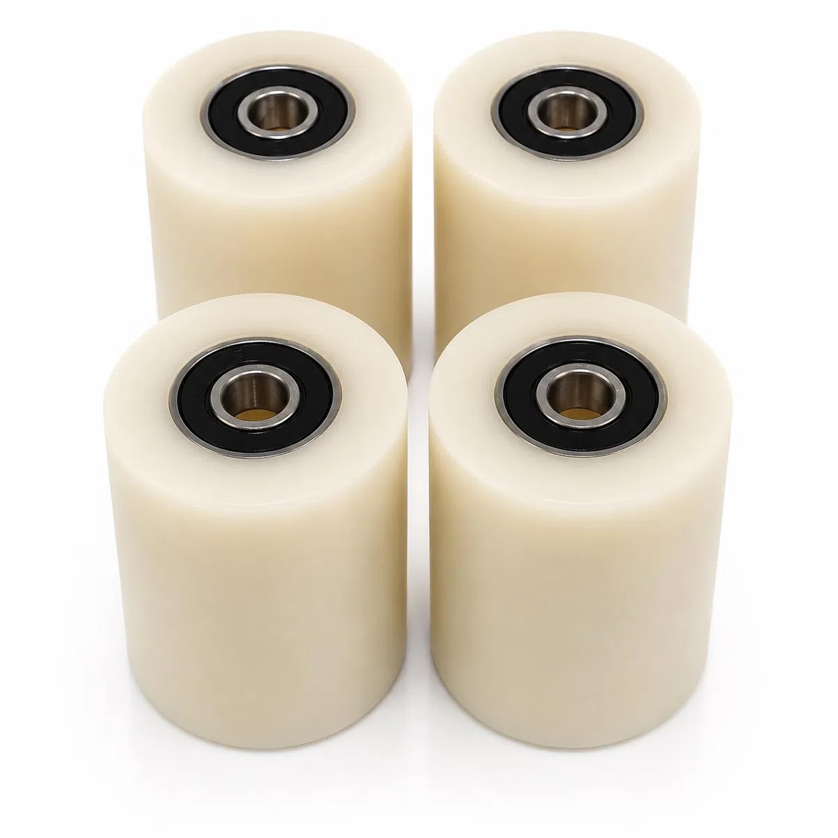 4x Polyamid Nylon Laufrollen Ø40 x 50 mm mit Kugellagern – CNC Präzisionsgefertigt ±0,3 mm – Tragkraft bis 60 kg pro Rolle – Für Belt Grinder, Backstand, Fördertechnik und Maschinenbau