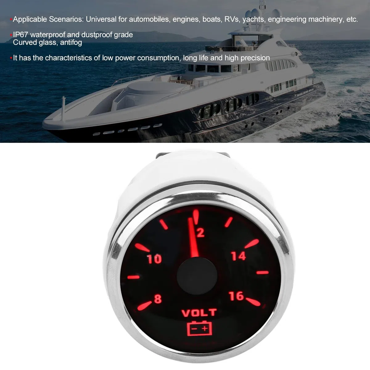 marine Voltmeter Messgerät, 52mm Spannungsmesser 8-16V Zeiger Wasserdichtes Bootsspannungsmesser mit 7 Farben Hintergrundbeleuchtung für Boot RV Auto(Schwarz)