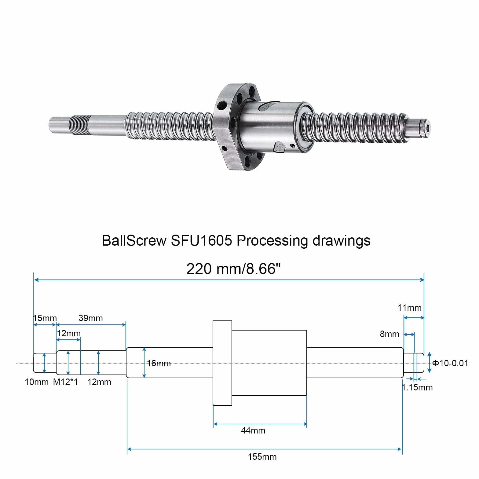 QUARKZMAN BallScrew SFU1605 (Durchmesser 16mm, Steigung 5mm, Länge 220mm) mit Kugelumlaufspindel-Mutter Ball Screw Kit Standard-Endbearbeitung für BK/BF12 CNC-Maschinenteile