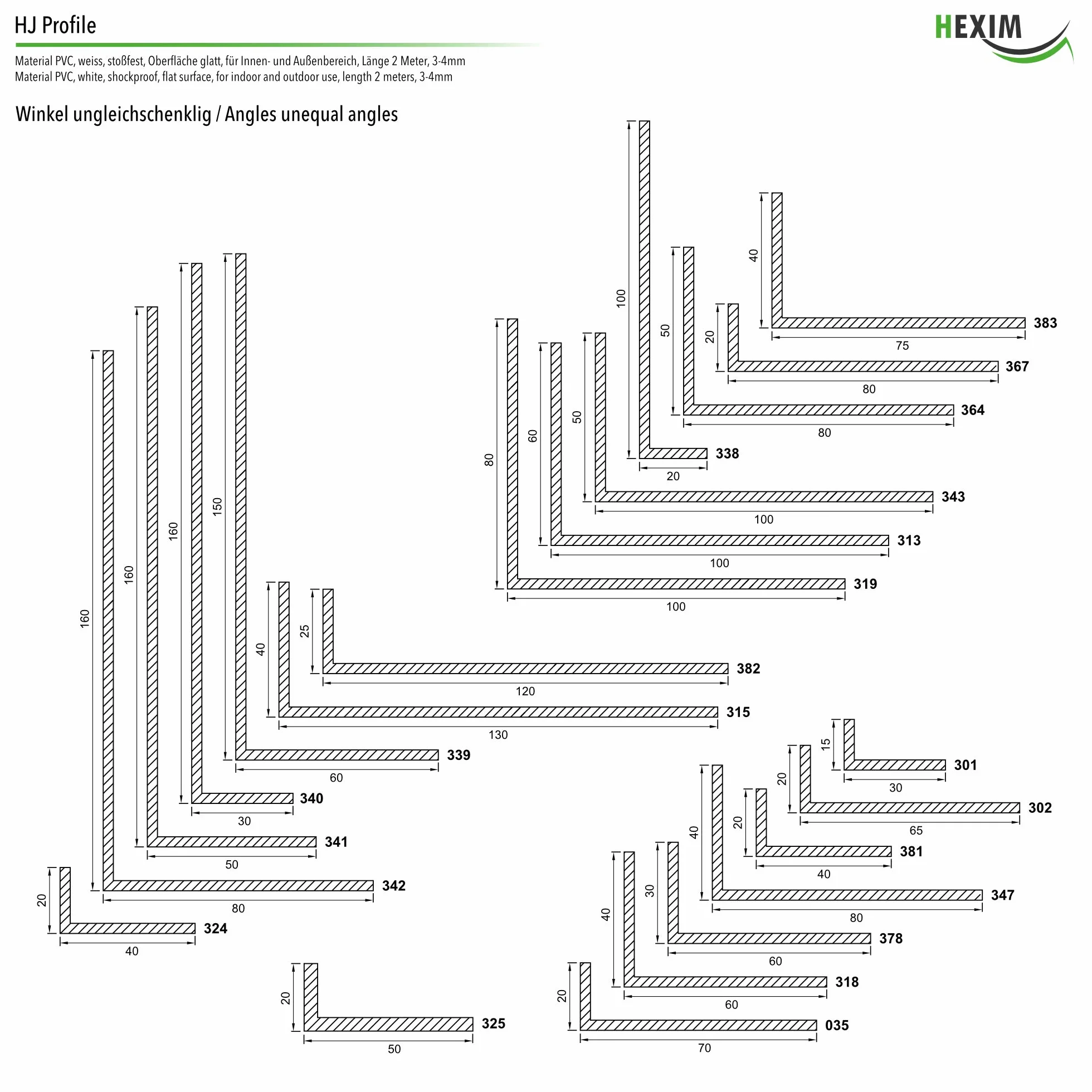 2 Meter | Eckprofile | Winkel ungleichschenklig | Auswahl | 3-4mm | PVC | HJ 338