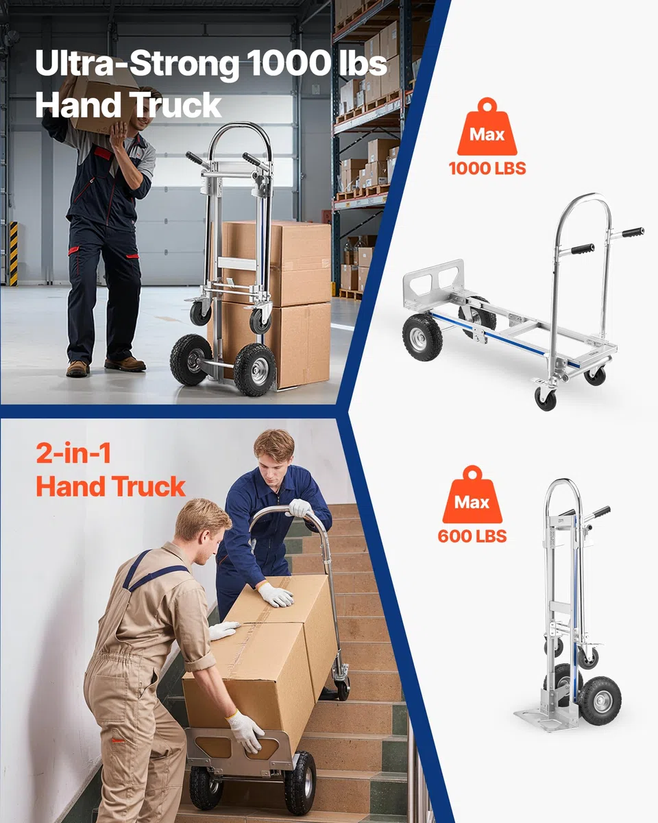VEVOR 2-in-1-Sackkarre 454 kg, Transportkarre im 4-Rad-Modus, Umwandelbarer Plattformwagen mit Rutschfestem Griff, Tragbarer Handwagen Transportwagen, Trolley für Umzüge, Büro, Lager, Supermarkt