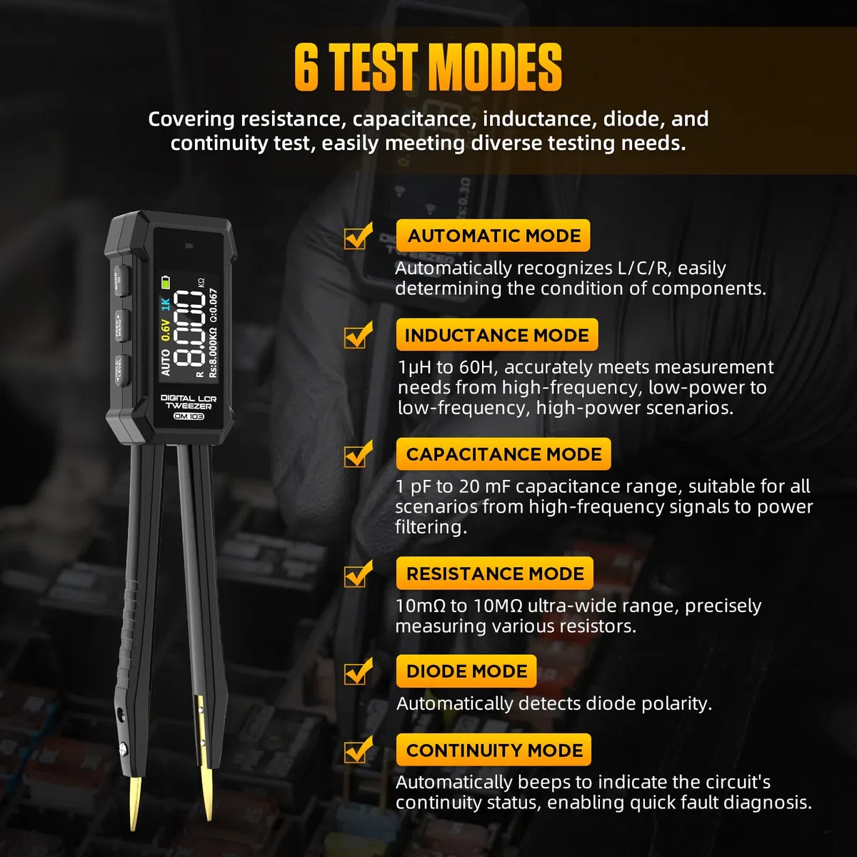 LCR-Messgeräte, Mini-SMD-Tester mit ESR-Messfunktion, digitales Multimeter mit Pinzette für SMD Bauteile/Widerstände/Kondensatoren/Induktivitäten/Spannungen/Frequenzen/Dioden, automatische Bauteilerke