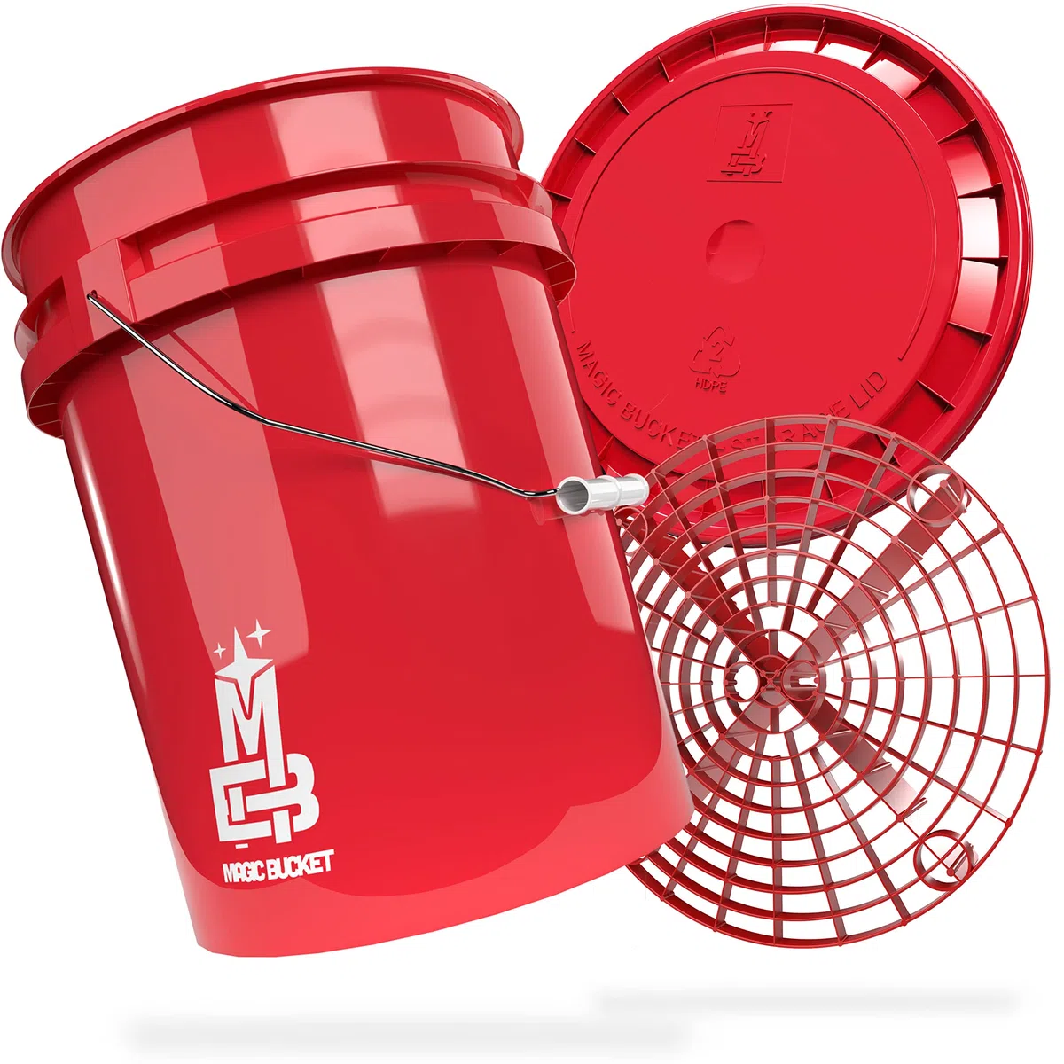 MAGIC BUCKET | Auto Handwäsche Bundle | Wascheimer mit passendem Eimer Deckel 5 US GALLONEN ca. 20 Liter | Mit Grit Guard Eimereinsatz Schmutzsieb | Waschset Rot/Rot